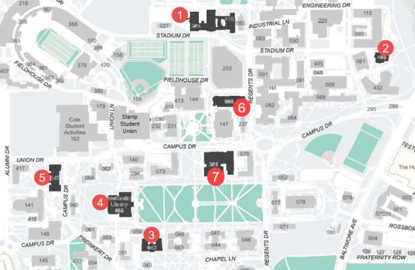 Map of campus showing locations of One Button Studios.
